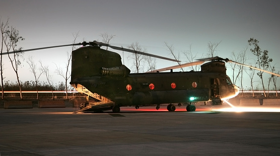 A Chinook helicopter at night in Baghdad.