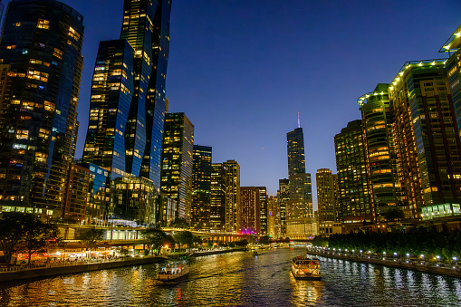 Chicago Downtown and River at Night