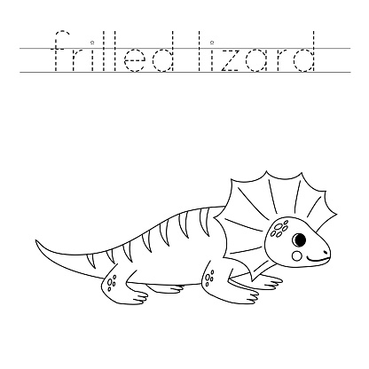 Trace letters and color black and white cartoon frilled neck lizard.