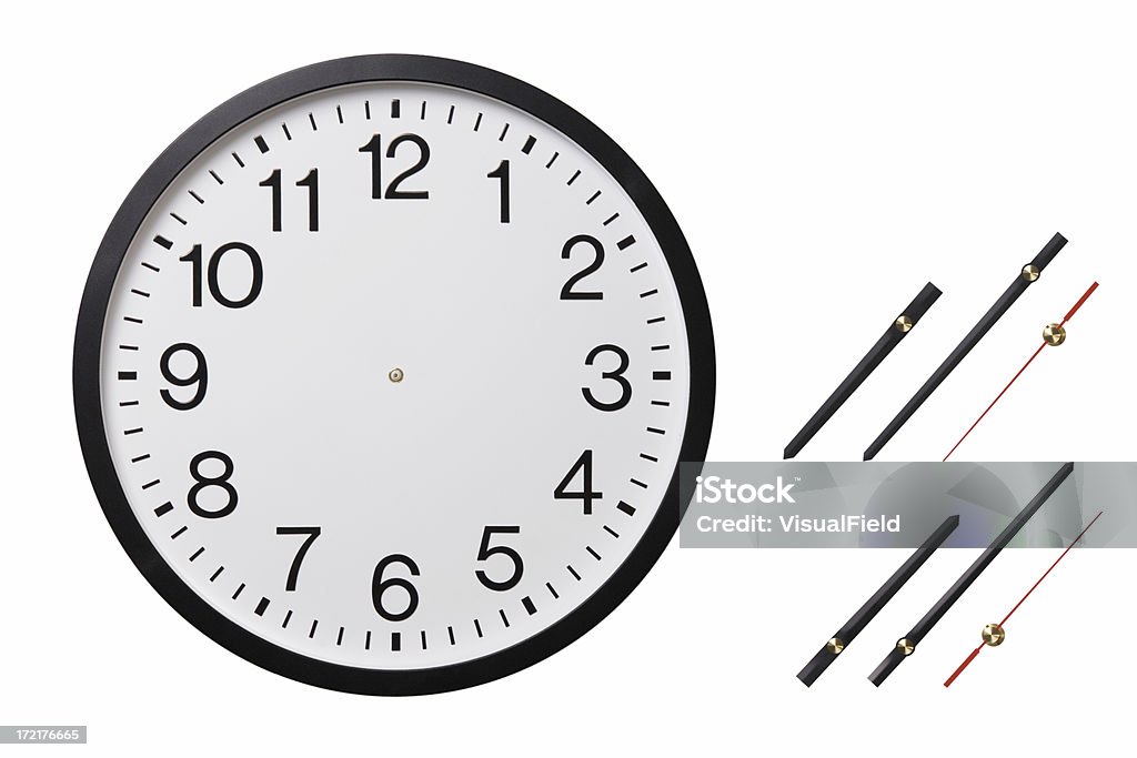 You Set the Time "Close-up image of office wall clock without hands, along with hour, minute,and second hands for use in creating a time setting on the clock.  Two images of each hand are included, differing in the direction of the lighting," Clock Stock Photo