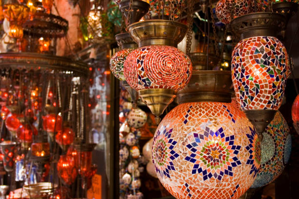 Oriental glass lamp store in Istanbul Turkey. Ornaments close up details very high. Expensive ancient lamps for candle and bulb.Also check: