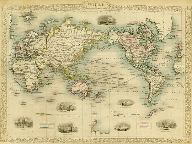 세계 앤틱형 맵 - map world map globe old stock illustrations