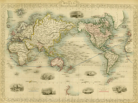 An antique map of the world, scanned from a XVIII century original.  