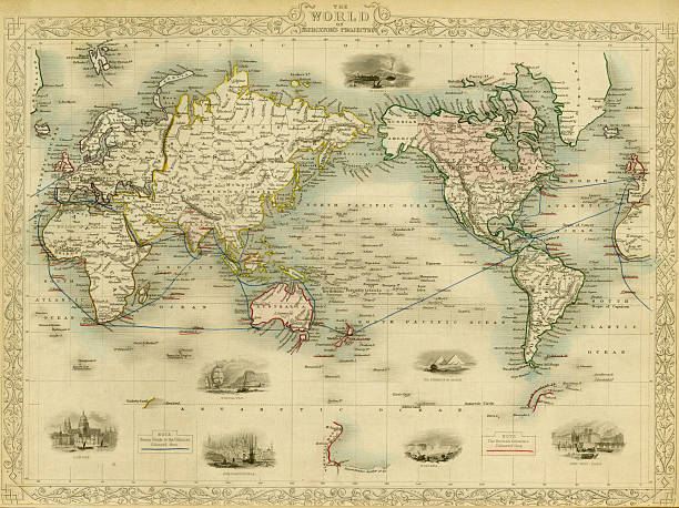 World Antique Map An antique map of the world, scanned from a XVIII century original.   vintage maps stock illustrations