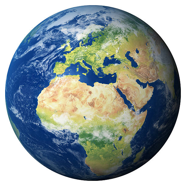Earth Model: Europe View "High resolution 3D render of Planet Earth. Transparent water, shaded relief, natural colors, clouds cover.Clouds map comes from earthobservatory/nasa.You may also like my other Earth images:" planet earth africa stock pictures, royalty-free photos & images
