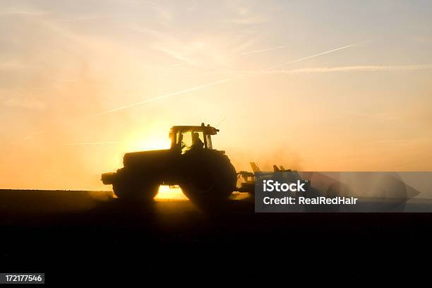 Photo libre de droit de Tracteur Ploughing Au Coucher Du Soleil banque d'images et plus d'images libres de droit de Agriculture - Agriculture, Charrue, Ciel