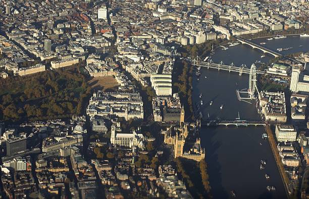 Aerial shot of the Thames and London, England stock photo