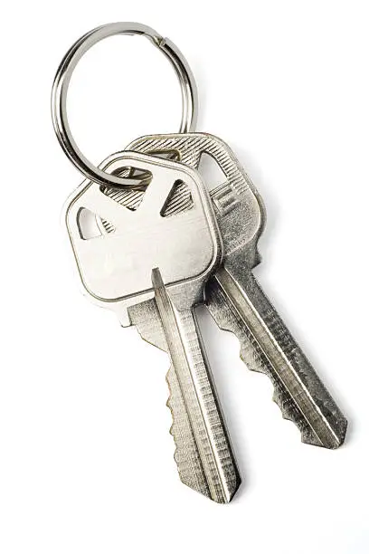 Two keys on a keychain isolated on white with clipping path.