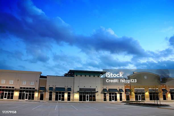 Empty New Strip Mall Shopping Center Buildings Dusk Parking Lot Stock Photo - Download Image Now