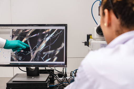 Female scientist looking at computer screen and discussing with male researcher about scientific image result obtained from optical microscope, two researchers analyzing image from scientific equipment