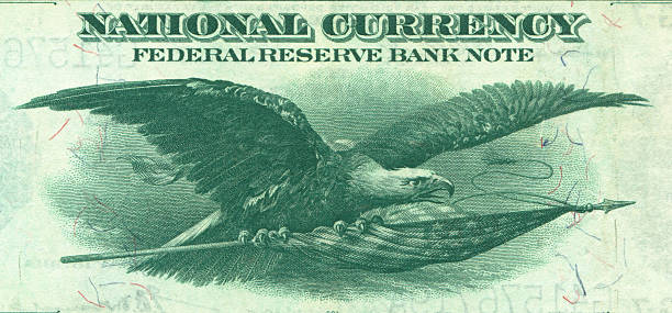 The Color of Money Magnificent image of a Bald Eagle from the back of a 1918 US $1 bill. Small red and blue colored threads in the paper run top to bottom at the eagles wingtips. One of the most impressive images on any US banknote. 1918 stock pictures, royalty-free photos & images