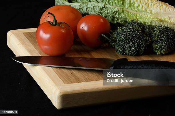 Tomato Broccoli And Lettuce Stock Photo - Download Image Now - Black Background, Broccoli, Crucifers