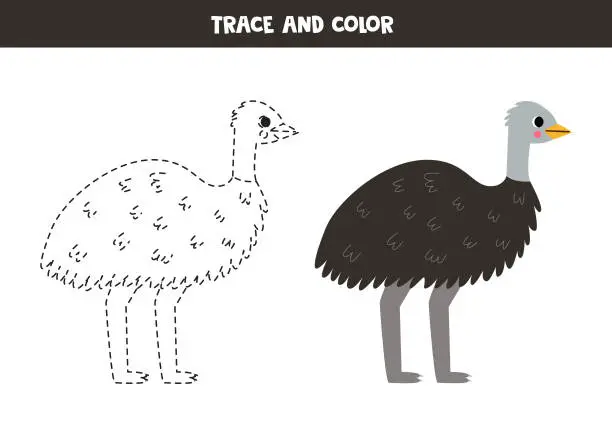 Vector illustration of Trace and color cute cartoon emu ostrich. Worksheet for kids.