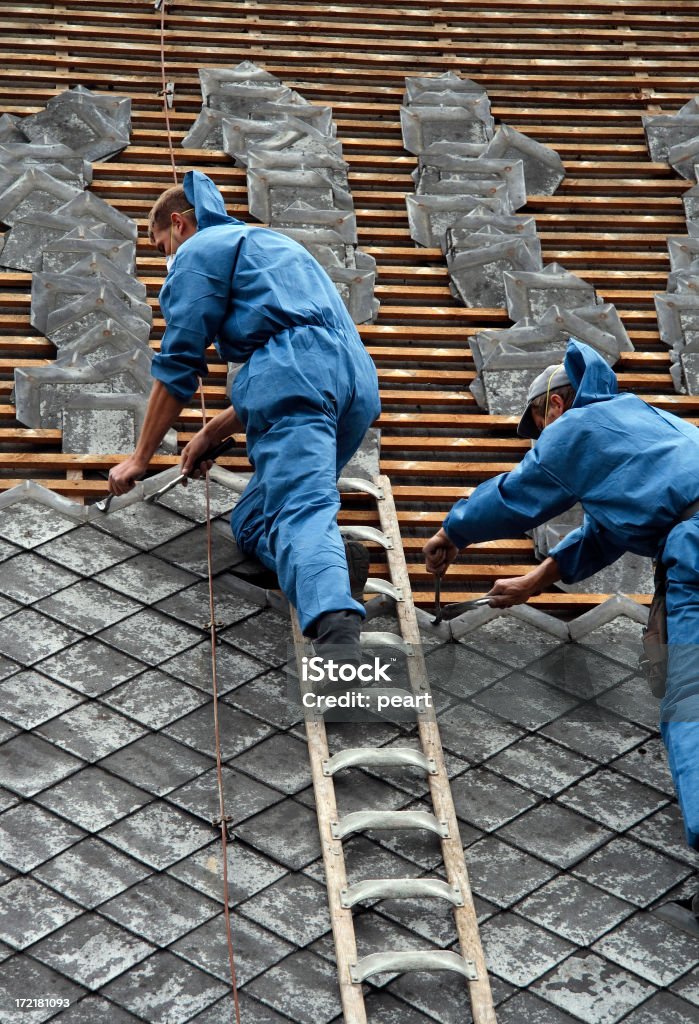 two roofer two roofer in blue at workother working people: Repairing Stock Photo