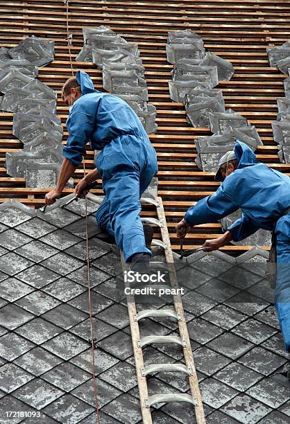 Two Roofer Stock Photo - Download Image Now - Repairing, Rooftop, Moving Up