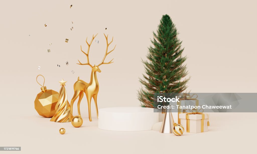 Christmas backgrounds with podium stage platform in minimal New year event theme. Merry Christmas scene for product display mock up banner. Empty stand pedestal decor in Xmas winter scene. 3D render. Christmas Present Stock Photo