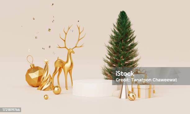 Christmas Backgrounds With Podium Stage Platform In Minimal New Year Event Theme Merry Christmas Scene For Product Display Mock Up Banner Empty Stand Pedestal Decor In Xmas Winter Scene 3d Render Stock Photo - Download Image Now