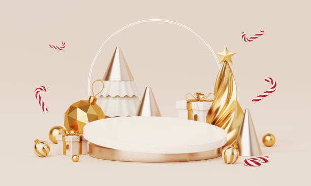 istock Christmas backgrounds with podium stage platform in minimal New year event theme. Merry Christmas scene for product display mock up banner. Empty stand pedestal decor in Xmas winter scene. 3D render. 1721819786