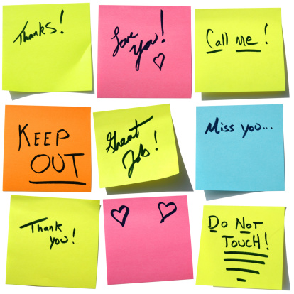 Sticky post-it notes in vibrant hues come with messages: Thanks! Love you! Call me! Keep OUT; Great Job! Miss you... Thank you! Do Not Touch! and a blank paper with hearts. XXL for your design element needs.