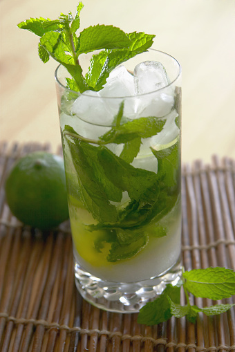 The very hip drink of the moment. Featured at all the hippest bars lately. The Cuban Mojito. Mint, sugar, Lime and Rum.