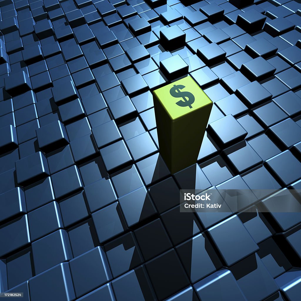 Advancing Dollar (XXL) Abstract cubes background and dollar block rising up. Diminishing Perspective Stock Photo