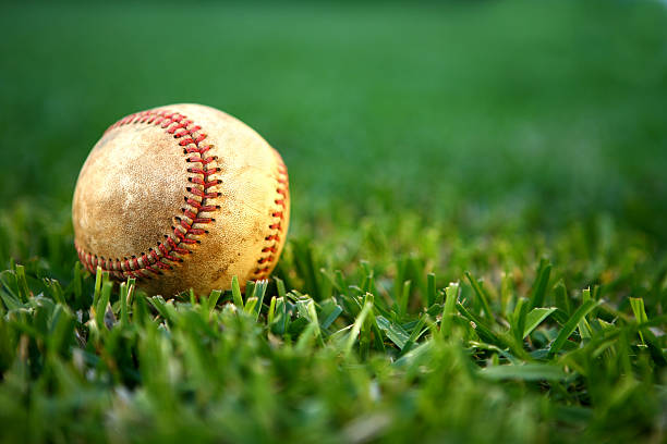 Spring Training Used baseball on fresh green grass. spring training stock pictures, royalty-free photos & images