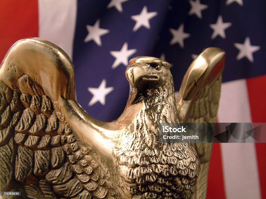 Bronze Eagle with flag Bronze Eagle in front of American Flag USA Stock Photo