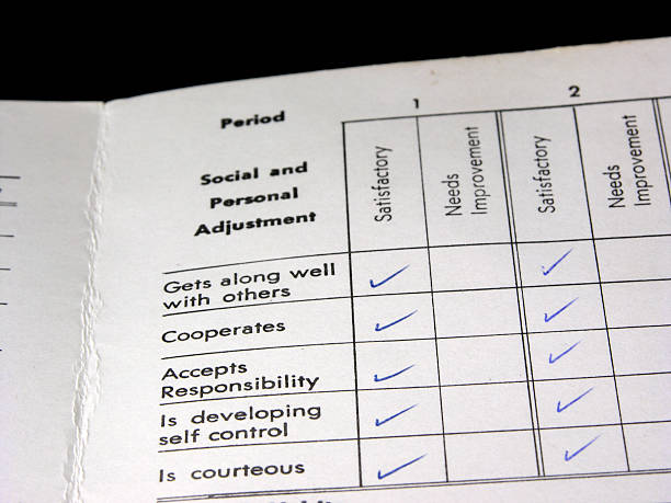 Report card - adjustment "A report card showing the social and personal adjustment section for either satisfactory or needs improvment. This photo shows all satisfactory for gets along well with others, cooperates, accepts responsibility, developing self control, and is courteous." report card stock pictures, royalty-free photos & images