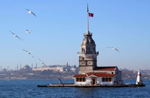 Maiden's Tower (Turkish: Kız Kulesi), also known in the ancient Greek and medieval Byzantine periods as Leander's Tower (Tower of Leandros), sits on a small islet located in the Bosphorus strait off the coast of