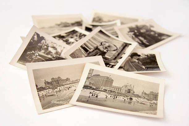 Collection of old black and white photographs stock photo