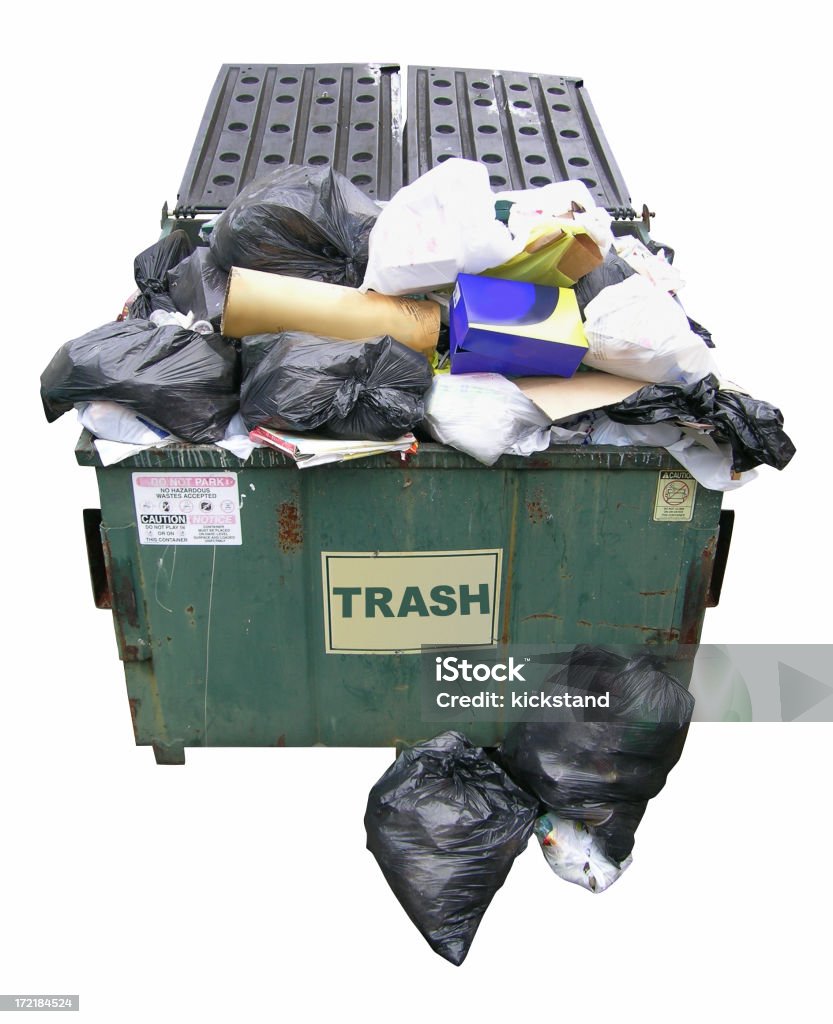 Dumpster sobrecarga con trazado de recorte - Foto de stock de Papelera de papel usado libre de derechos