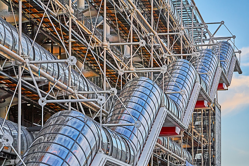 Paris, France - July 11, 2023: Escalators in tubes at the Center Pompidou in the evening.