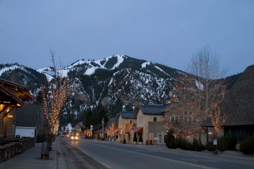 Sun Valley Road through downtown Ketchum Idaho with Mt. Baldy in the background. Early morning.