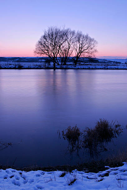 istock Trees by River in Snow Covered Winter Landscape at Sunset 172185707