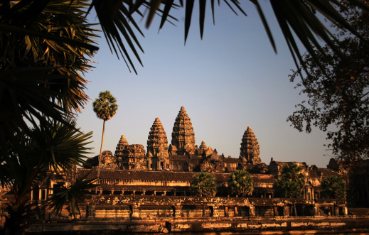 The five main towers at Angkor Wat in Cambodia. Angkor Wat is a UNESCO World Heritage Site