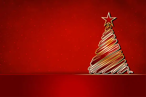 Vector illustration of Horizontal vector background of one  creative vibrant dark red maroon color background with one creative scribbled drawing of gold colored christmas tree with a bright shining star at top for Xmas celebrations