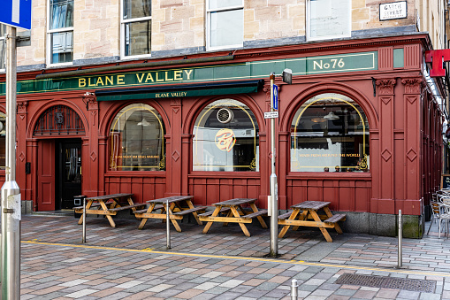 Exterior view of a traditional friendly pub or bar offering a great choice of drinks and homecooked meals, with live music, karoke and weekend entertainment in the heart of Glasgow's Merchant City No. 76 Garth Street, the Blane Valley Pub, Glasgow, Lanarkshire, Scotland
