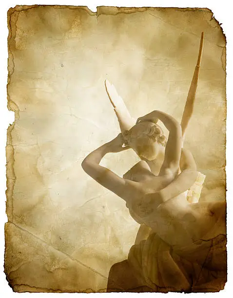 Photo of Eros and Psyche Sculpture on Grungy Paper (with Clipping Path)