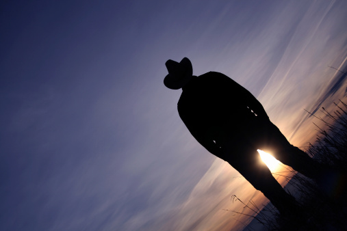 A cowboy stands against the sun