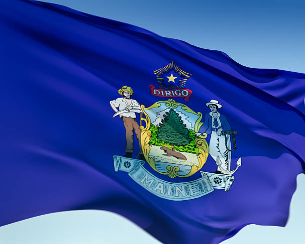 Maine flag waving in the wind. Elaborate rendering including motion blur and even a fabric texture (visible at 100%).
