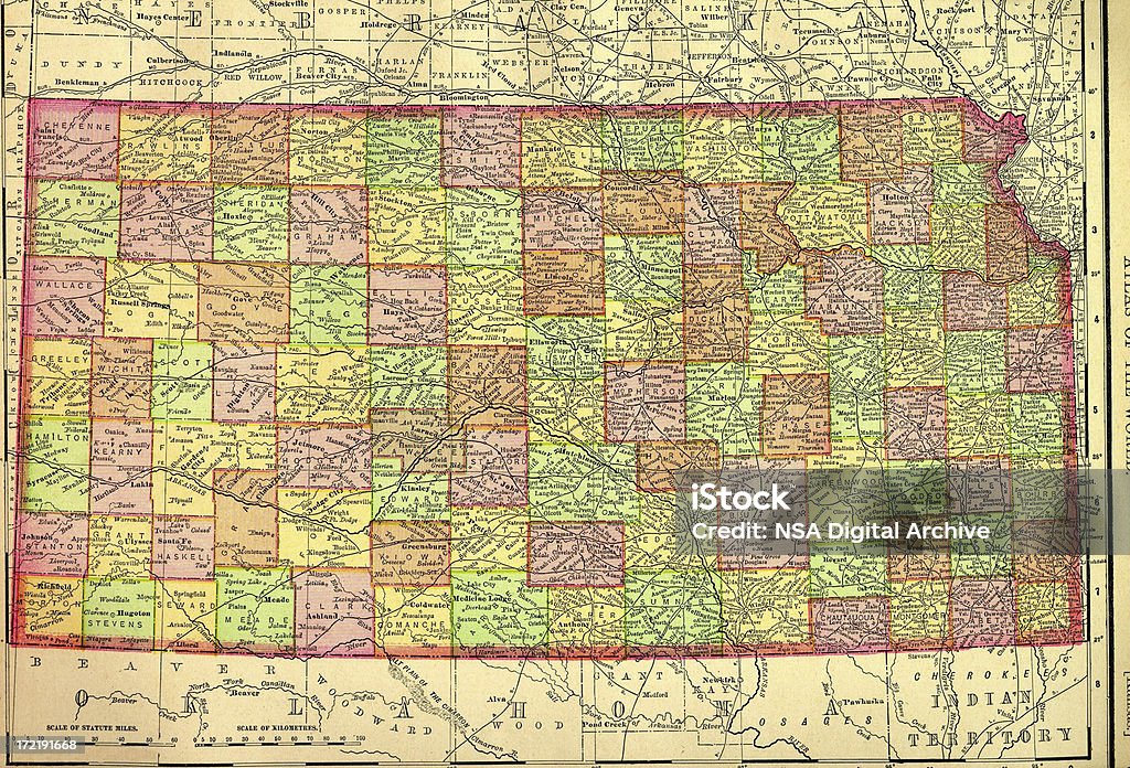 Antiguo Mapa de Kansas - Ilustración de stock de Anticuado libre de derechos