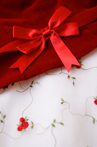 Red bow on a cute dress.