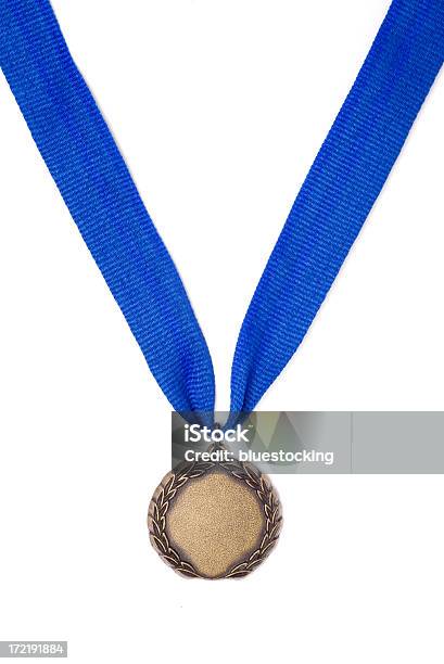 Gold Medal Award On A Blue Ribbon Stock Photo - Download Image Now - Award, Award Ribbon, Blue