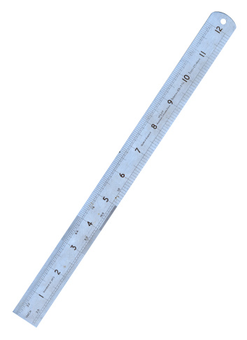 Ruler isolated cutout on white background. Wooden double rule twenty centimeter and eight inch long, draw, measurement scale instrument.