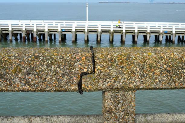 Bridge built 75 years ago. expansion joint between 2 concrete railing beams consists of a type of bitumen. German bridge pier will be soon demolished and not rebuild