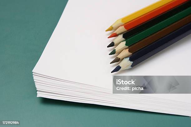 Color Pencils And White Paper Stock Photo - Download Image Now - Art, Art And Craft, Artist