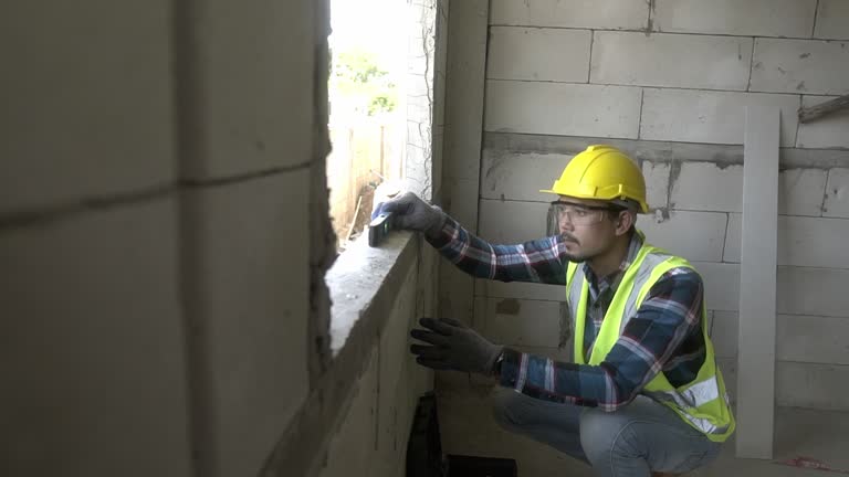 Architect asian using water level measuring instrument to install window Construction home site.