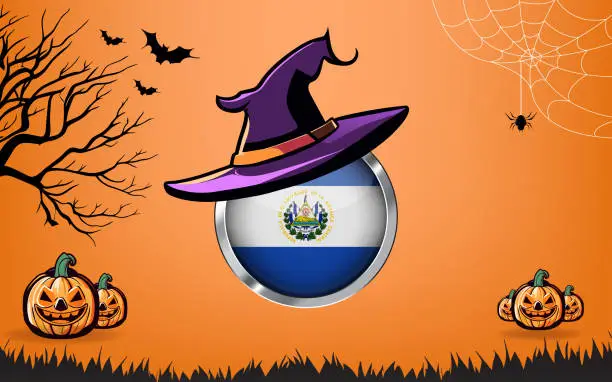 Vector illustration of el salvador round flag with Happy Halloween banner or party invitation background. bats, spiders and pumpkins, orange background