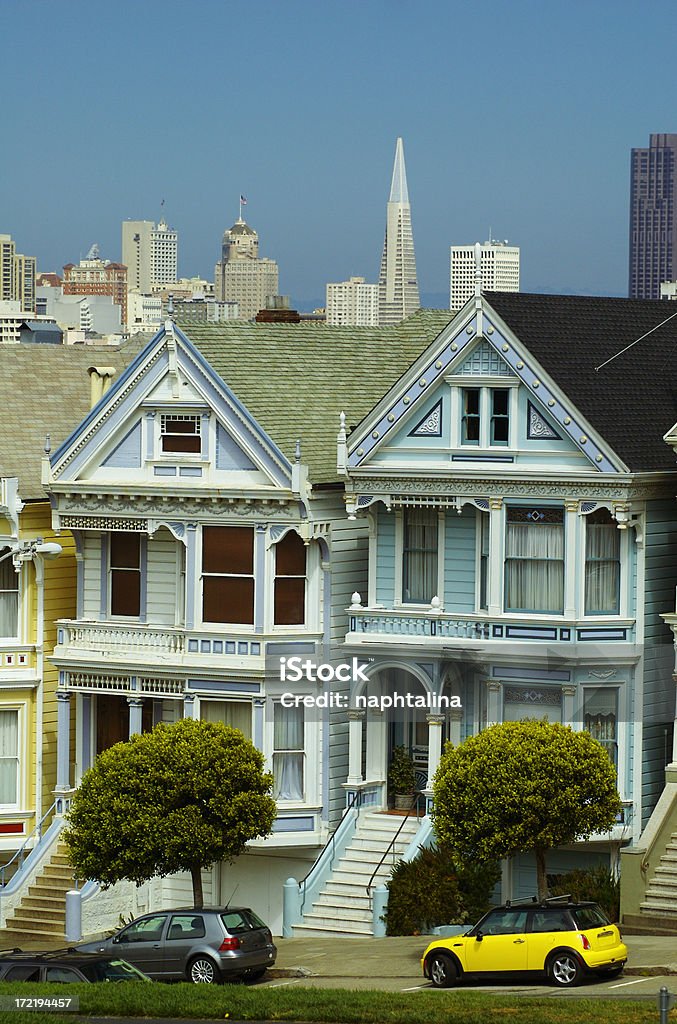 Houses in San Francisco Detail of the famous Alamo Square in San Francisco. Vertical portrait. Adulation Stock Photo