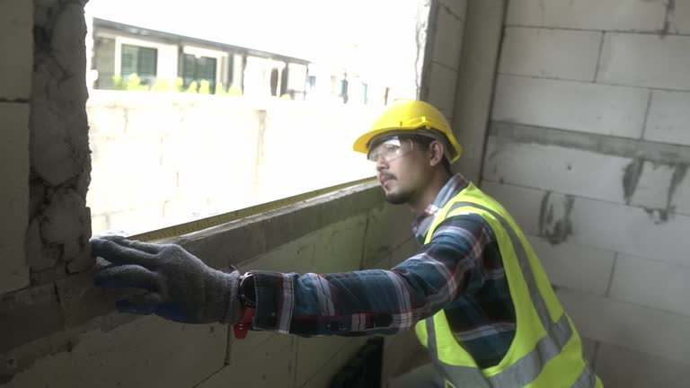 Architect  measuring and marking frame at site.